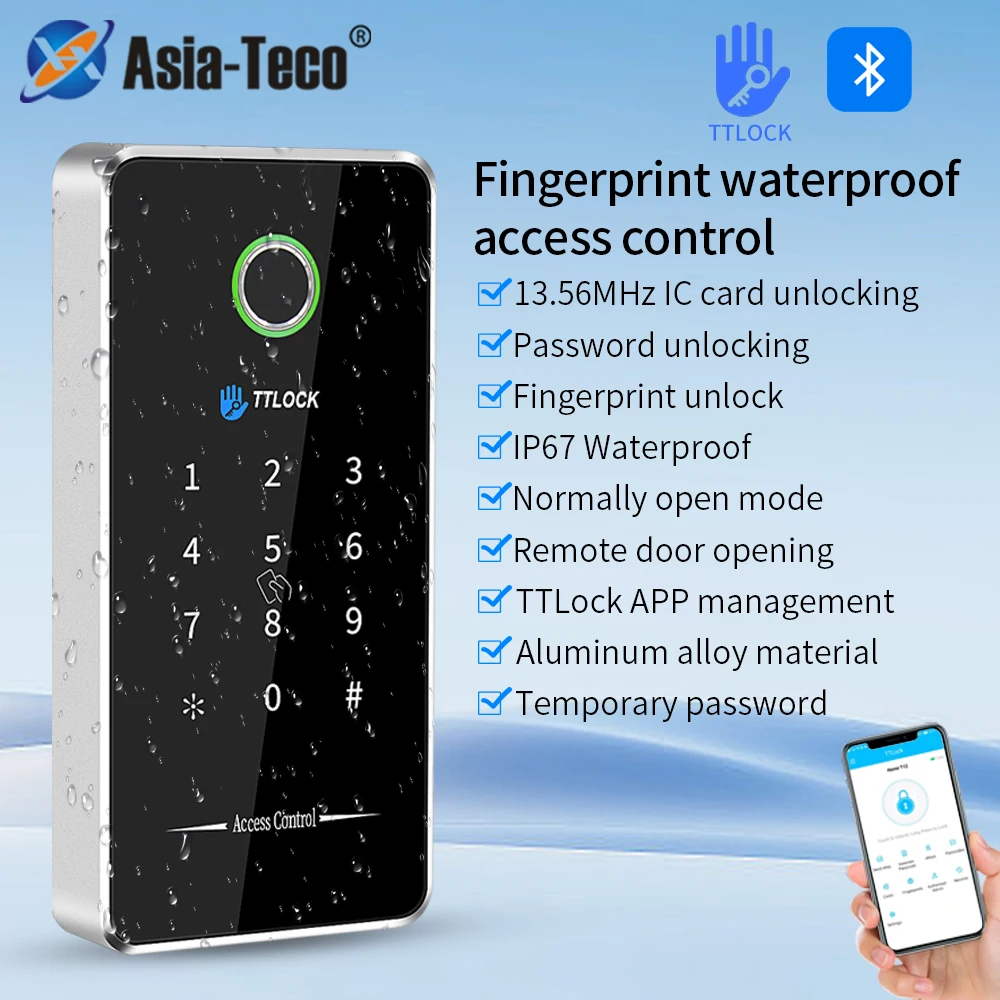 Asia-Teco Outdoor Nfc Rfid Keypad Ttlock App Fingerprint MJ02 work with G2 Gateway IC Card Access Controller System Metal Alloy