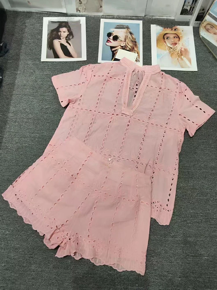 

2025 summer new round neck short sleeve hollow pullover top+high waist shorts fashion two-piece women's suit