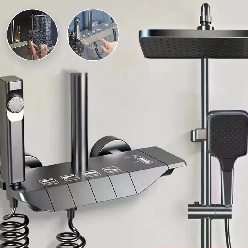 

High Pressure Brass Shower Faucet Piano Key Design Gun Grey Thermostatic Mixing Valve Rainfall Shower System Bathroom Set