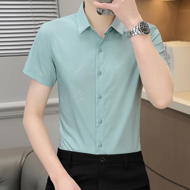 

Summer New Ice Silk Short Sleeve Shirt Men's Thin Tailored Half Sleeve Shirt Business Casual Luxury High End Shirt Fashion Ur...