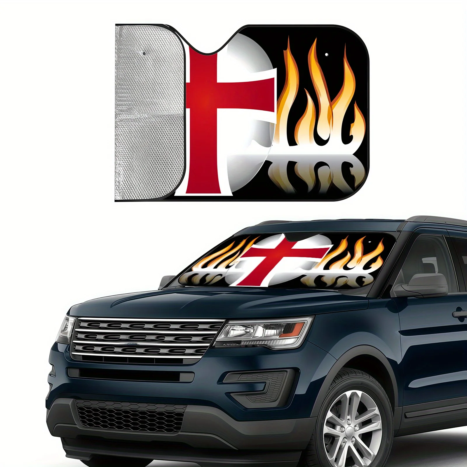 Flame Cross Helmet Car Windshield Sunshade, Featuring A Pattern Of Flames Surrounding A Cross Helmet, Easy To Install, Includes