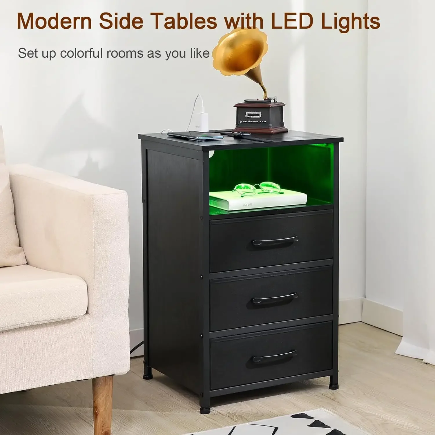 Nachttisch-Set 2, LED-Nachttisch mit Ladestation, Beistelltische mit 3 Stoffschubladen, Nachttisch mit USB Typ C P