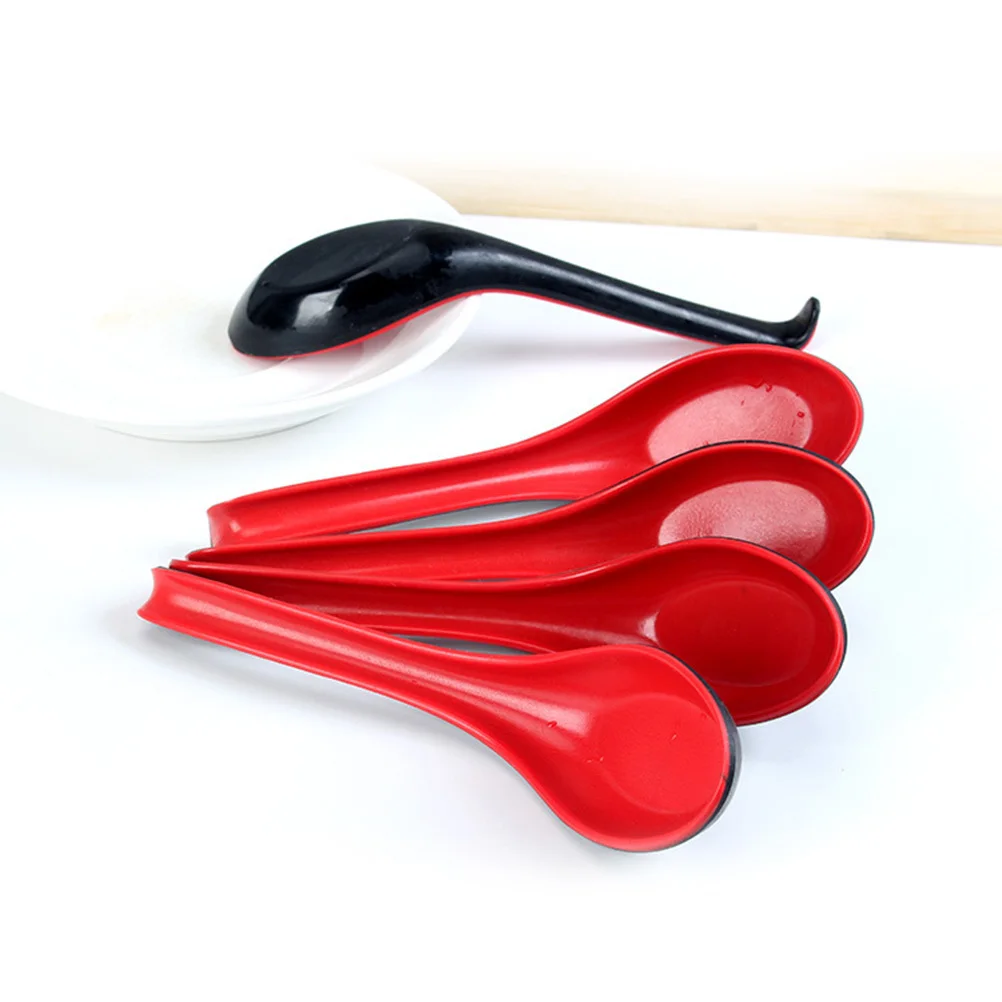 

6pcs Long Handle Soup Spoons Red Black Plastic Asian Chinese Japanese Dishwasher Safe For Home Restaurant Catering Kitchen Bar