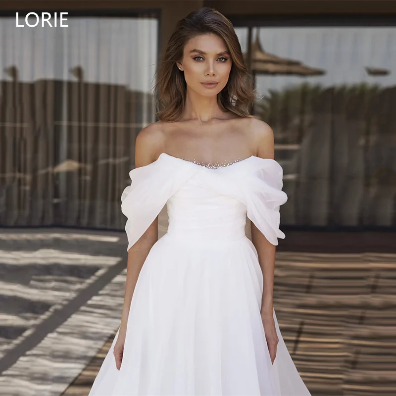 

LORIE Tulle A-Line Wedding Dresses Off Shoulder Strapless Bridal Gown Side Silt Pleat Floor-Length Bride Gowns Customized