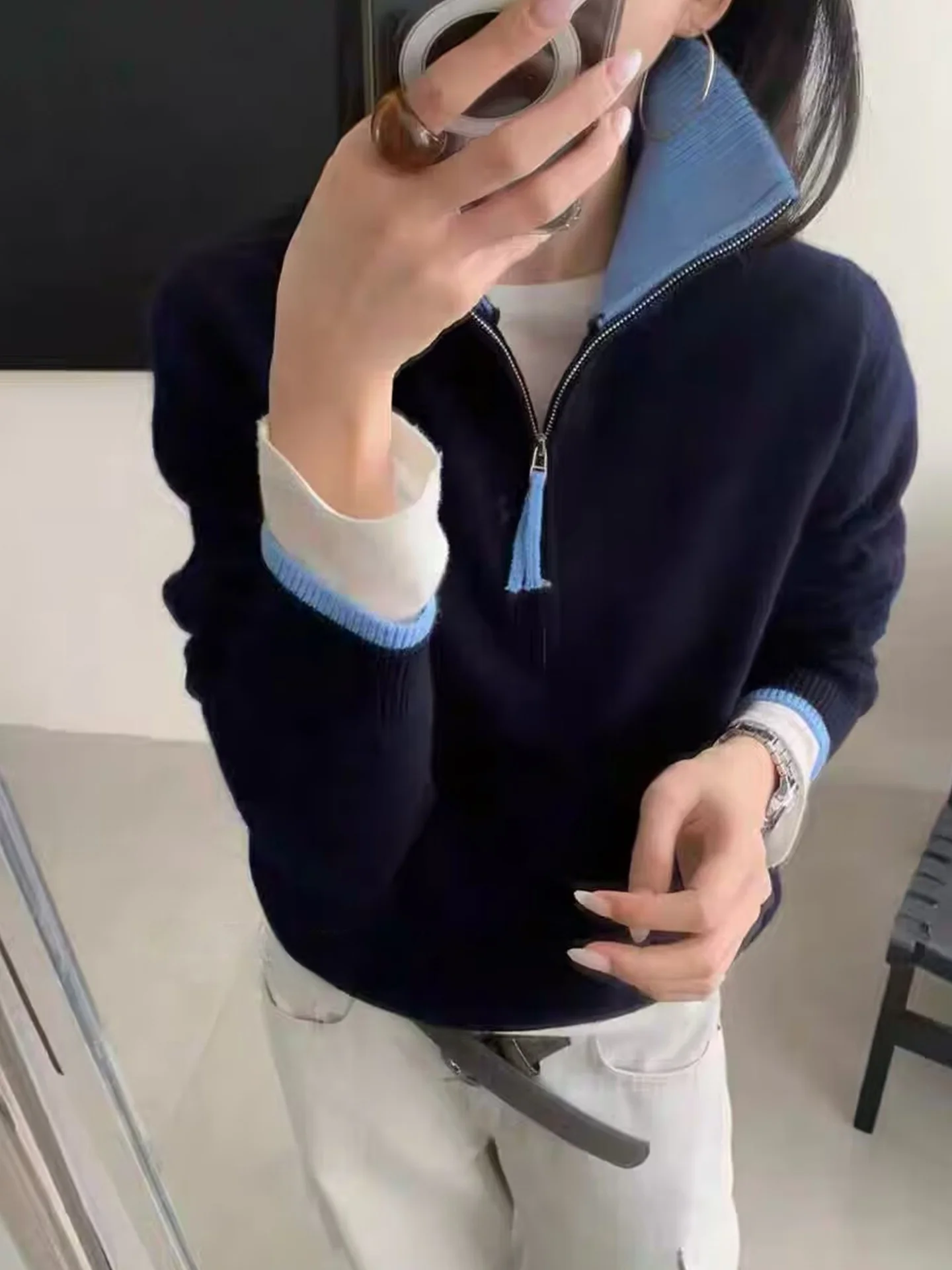 

Thiened f Цвет на молнии Blo Long Sve Вязаный свитер Корейский белый усиливающий повседневный зимний шерстяной свитер