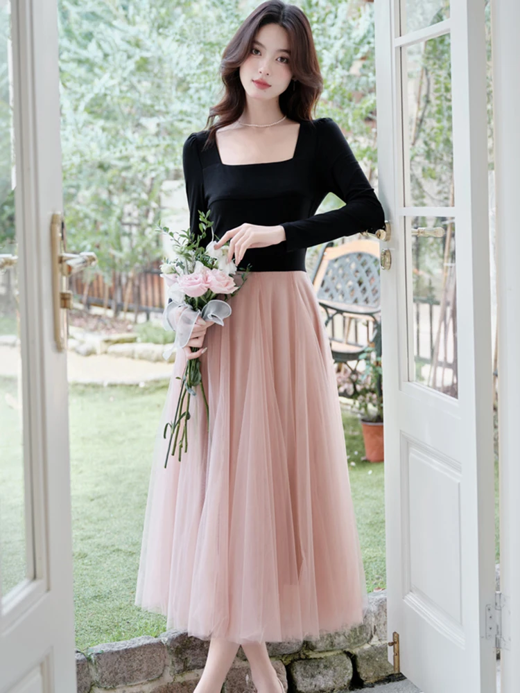 Otoño Invierno Rosa Patchwork negro manga larga vestido con cuello cuadrado mujeres elegante vestido vendaje con lazo 2025 Vestidos ceñidos coreanos