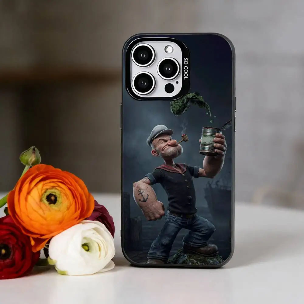 C-Cute cartoon P-Popeye Phone Case For iPhone 17,16,15,14,13,12,11 Plus,Pro Max,XS,Colored Silver Plated Inside Cover