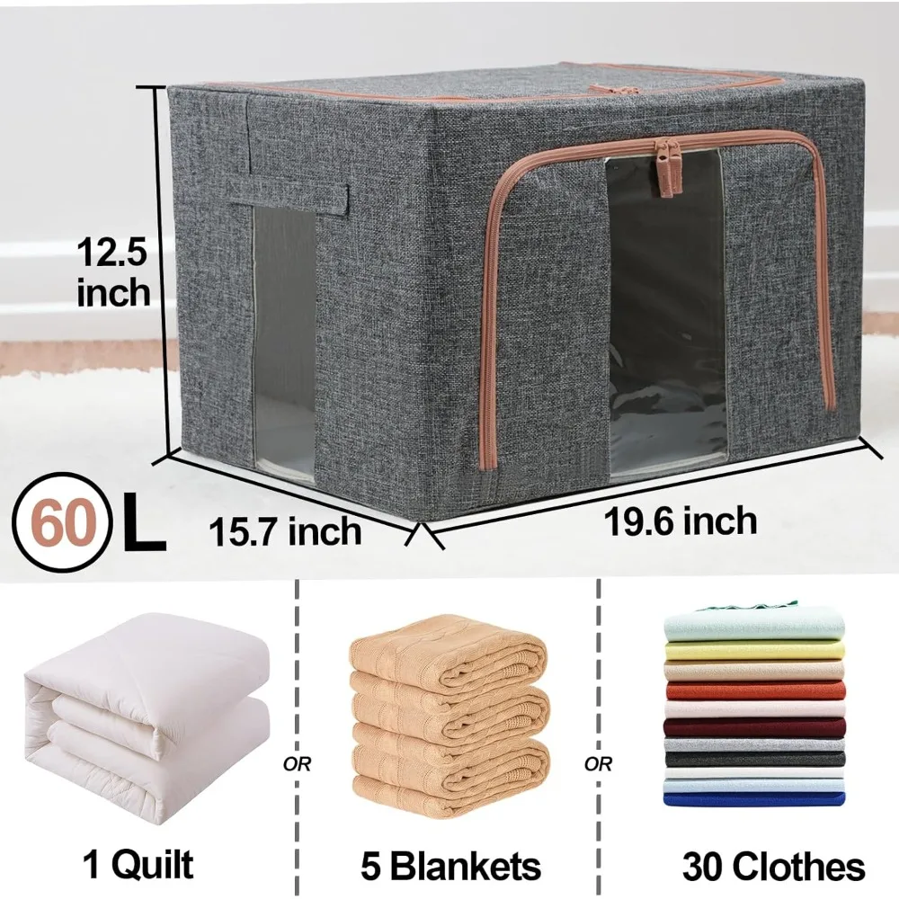 Linen Clothing Storage Box, 4 Sturdy Closet Organizer and Metal Frame, 2 Openings, Fabric Visible Lid Storage Box