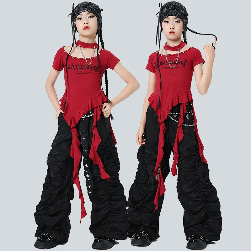 

New Girls Group Jazz Dance Performance Costumes For Girls Red Tops Black Pants Outfits Hip Hop Dance Show Stage Wear DQS19685