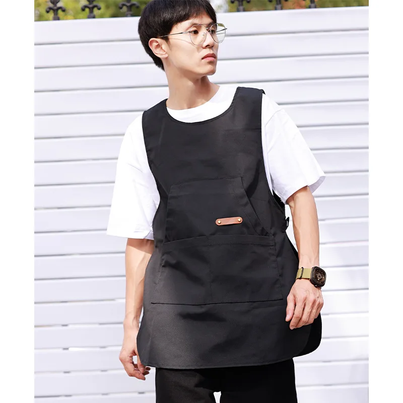 Round Neck Workwear Vest Apron Fashionable and Casual Coffee Shop Barberr Work Clothes Multiple Pockets for Storage Apron