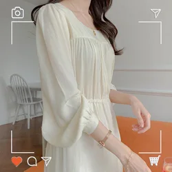 2022 Long Vintage Dresses gentle soft Temperament Lady Korean Japanese Style Flhjlwoc Design Cute Bow Tie Beige White Dress 4209