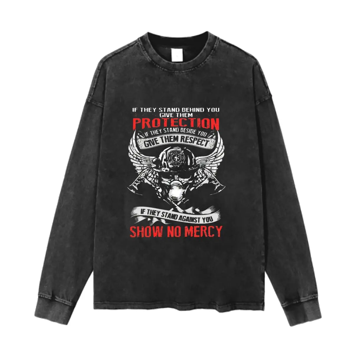 Protection, Respect, No Mercy Firefighter Washed Vintage Long Sleeves Cotton Tee Shirt Solid O Collared For Men's And Women's