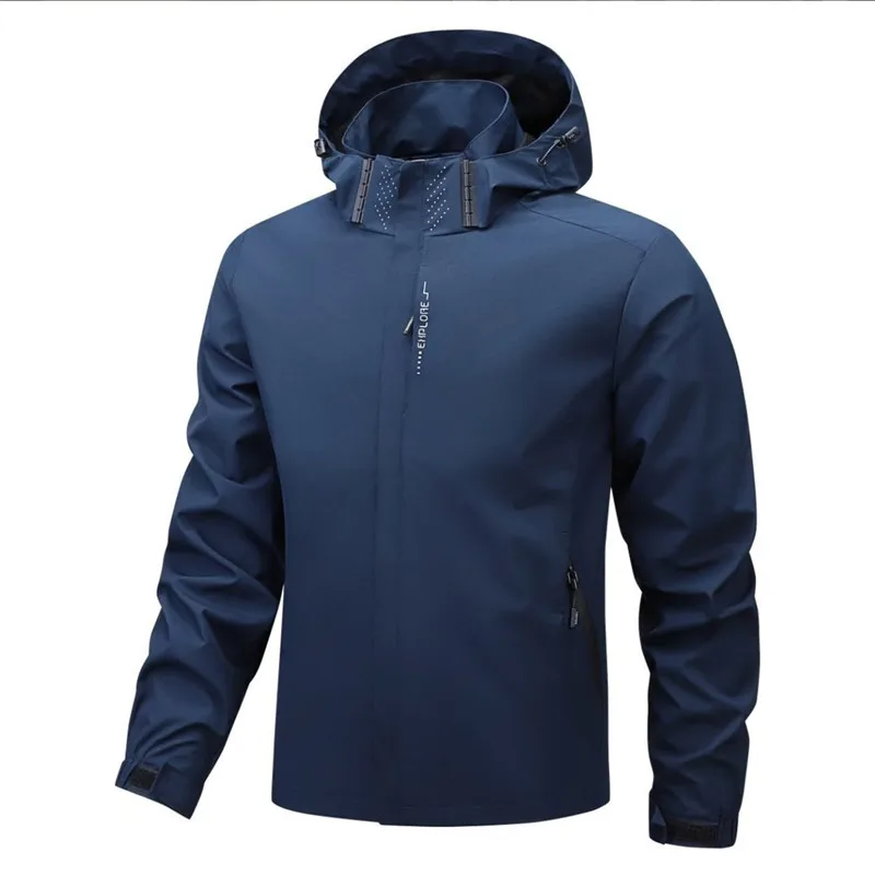 Men Hooded Jacket Full Sleeve Windbreaker Solid Straight Outerwear Hiking Coat Pockets Slim Fit Casual Work 2026 Autumn Winter