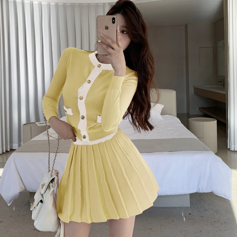 Casual Pink Knitted 2 Piece Set Elegant O-Neck Cardigan Top + High Waist Mini Pleated Skirts Spring Korean Fashion Sweet Outfits