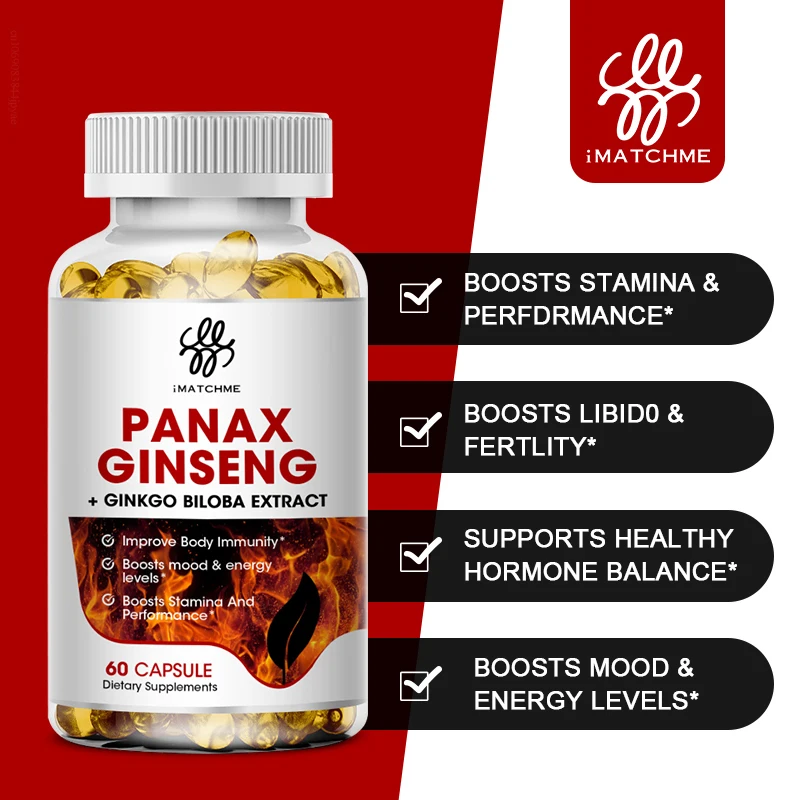 10:1 Extract Authentic Korean Red Panax Ginseng(500mg)+ Ginkgo Biloba(100mg) + Ashwagandha(100mg )Supplement Vegetarian, Non-GMO