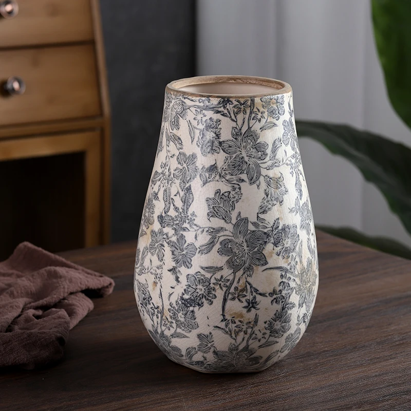 Vase Ink Color Ceramic Printing Underglaze Hydroponic Vessel Green Plant Dried Flower Home Desktop Decoration Retro Nostalgic1Pc