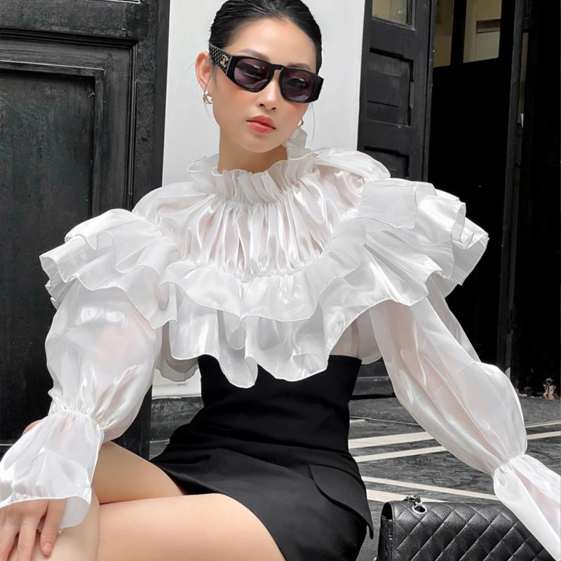 High street Women Ruffles blouse Fold Tops White Autumn Elegant Long sleeve Ruffled neck Female shirt Loose INKEO 2T230