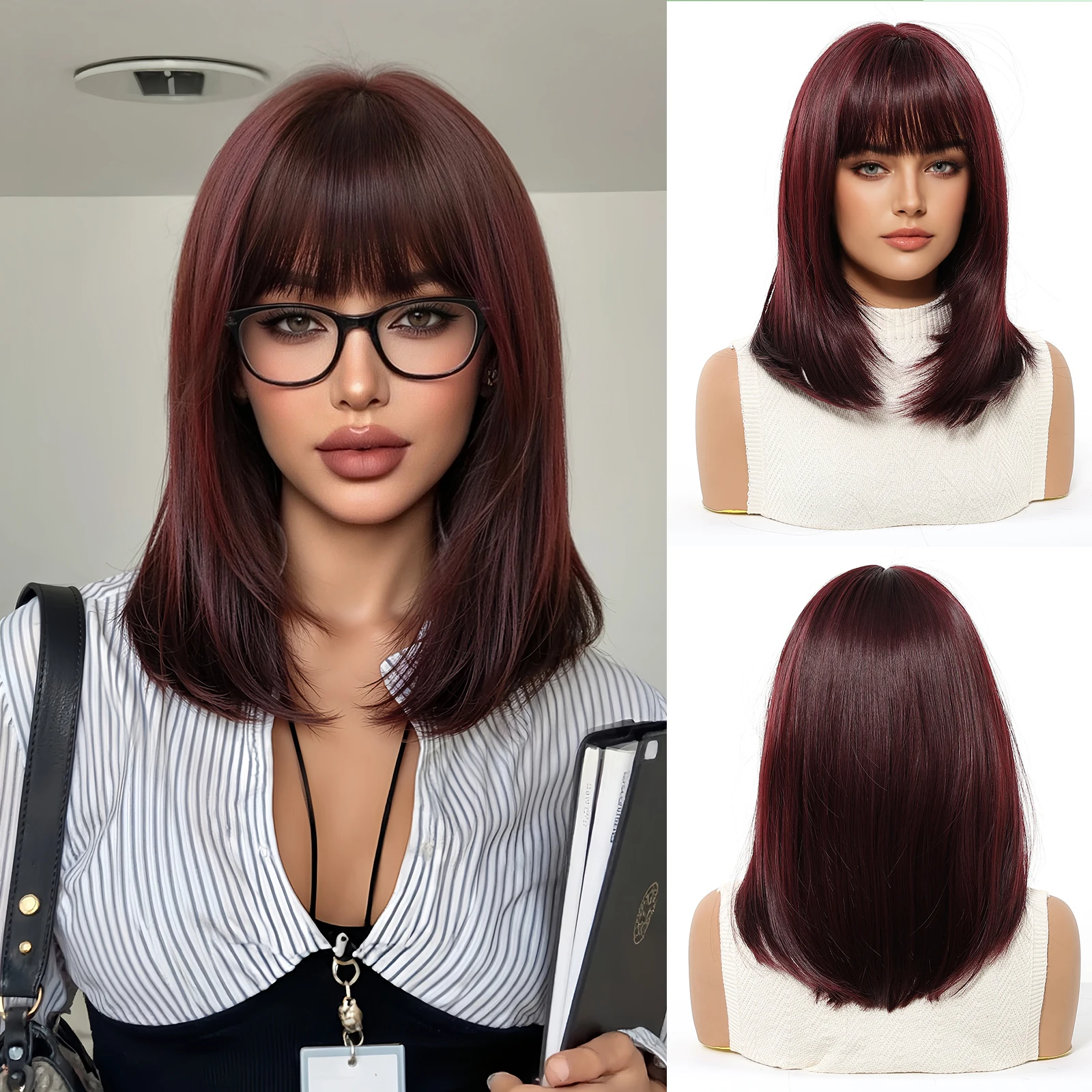 Blonde Brown Ombre Long Straight Synthetic Wig with Bangs