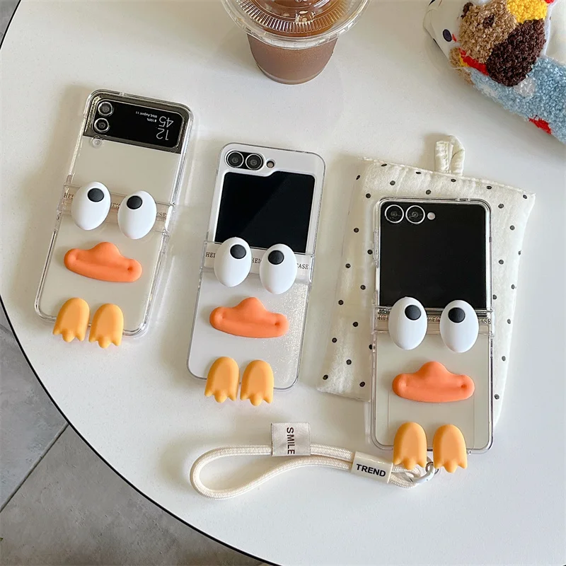 

New 2026 Fashion Cute 3D Duck Transparent Phone Case For Samsung Galaxy Z Flip 7 6 5 4 3 Foldable Protective Cover with Wrist St