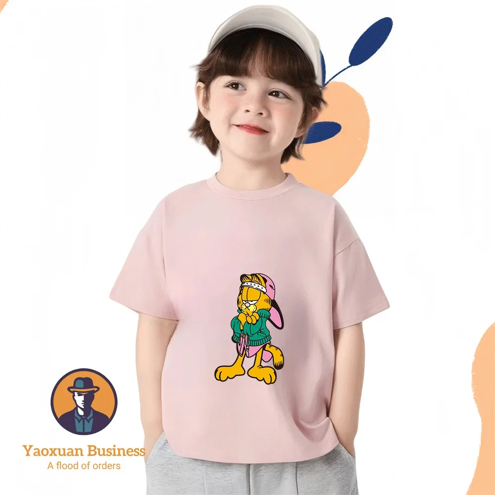 

The Garfield Show Retro Anime Print Round Neck Pure Cotton T Shirt Boys Girls Daily Leisure Wear