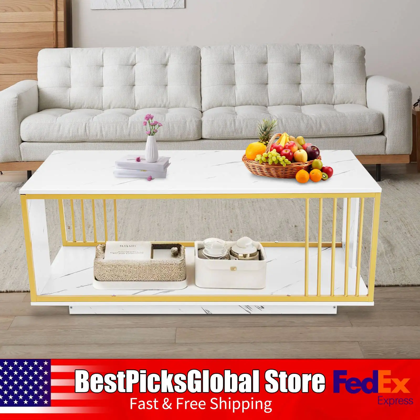 

Modern Coffee Table, 100x50x40cm Gold Metal Frame End Table with White Marble Top for Living Room, Office, Bedroom