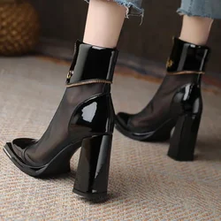 Fashion Chunky High Heels  Spring Mesh Solid Color Cool Boots Outwear Square Toe Sexy Pumps Female Short Boots