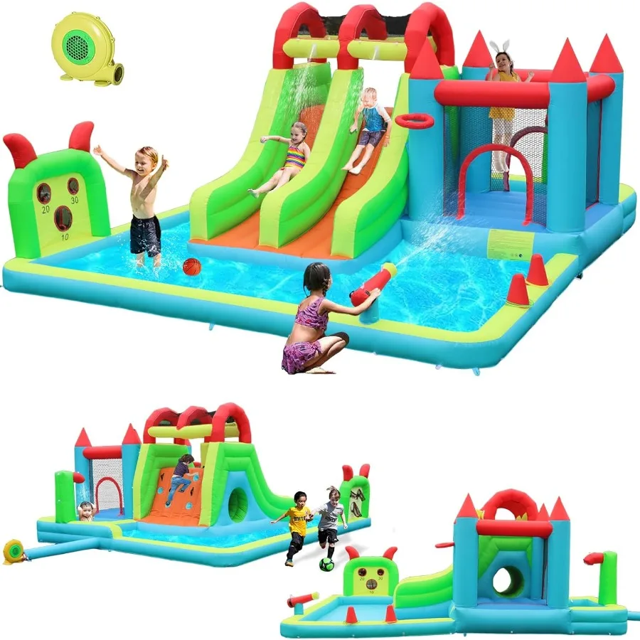Parco gonfiabile per scivoli d'acqua 18x15FT Mega Water Park Bounce House con doppio scivolo d'acqua Piscina grande per schizzi Piscina profonda Doccia Acqua C