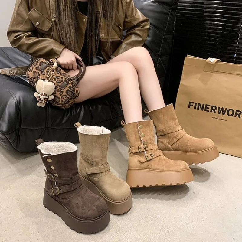 

Platform Women's Snow Ankle Boots Suede Mid Heel Cotton Shoes Short Plush Casual Boots Trendy Winter Warm Boots Botas De Mujer