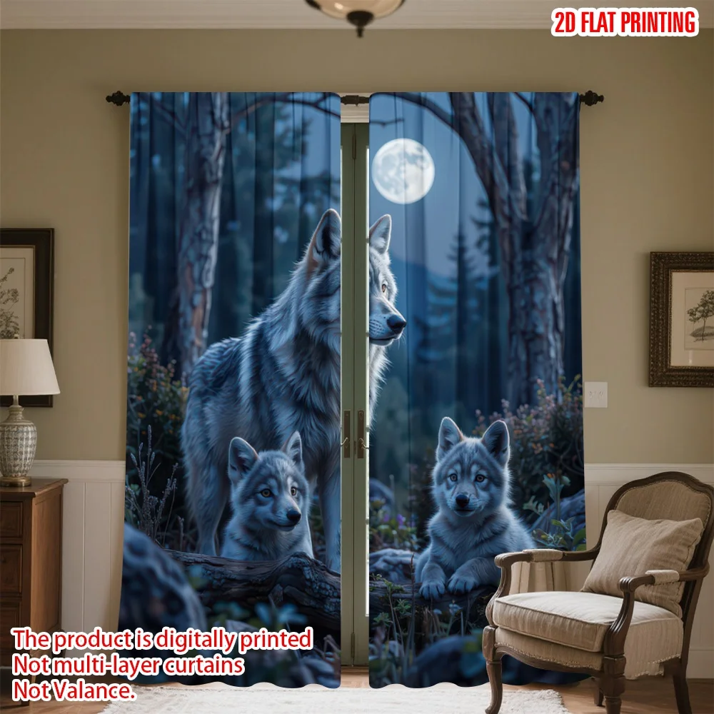 

2D flat printing 2pcs Window Curtains Moonlit Wolf Family Digital Printed Polyester Drapes Family Party Decoration Use for Yard
