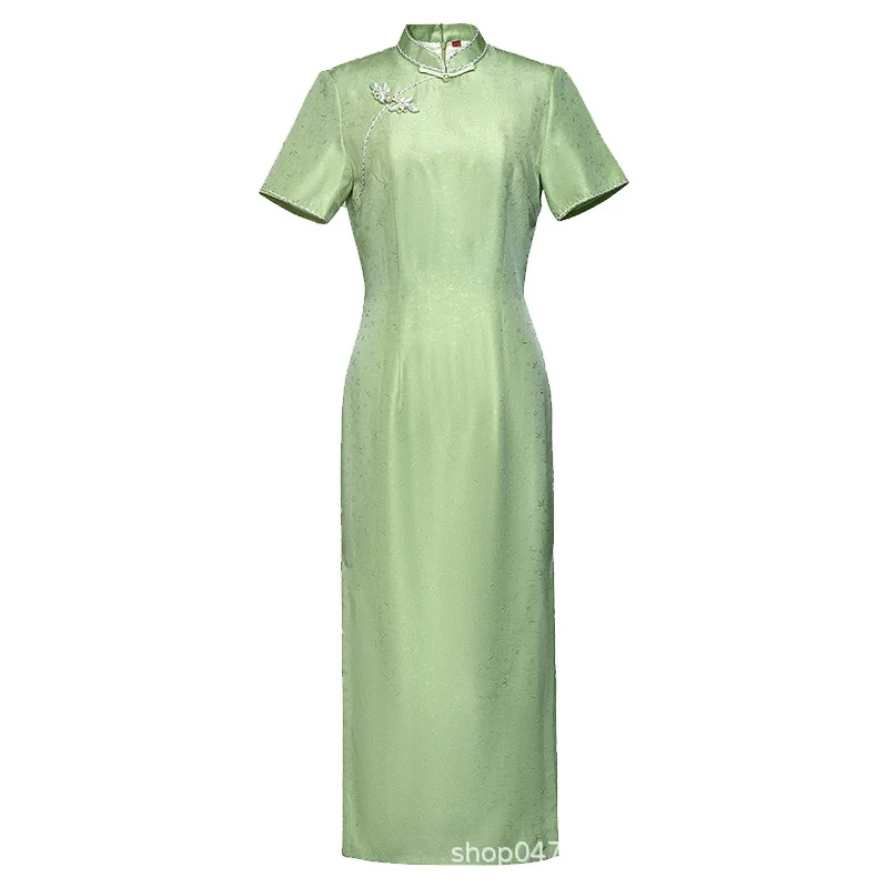 Green Chinese   Floral Traditional Vintage Modern Cheongsam Qipao Silk Interwoven Jacquard Dress Improved Young Retro Long view 5