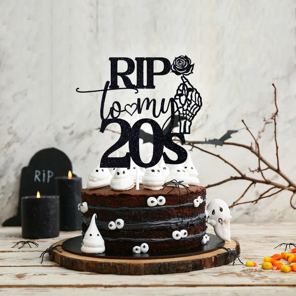 Schwarzer Glitzer-Kuchenaufsatz „Rip to My 20s“, „Cheers to 30 Years Death to My Twenties“ – Detail 3