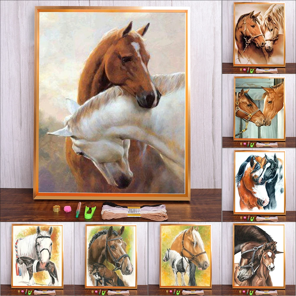 Meian Animal Horse Cross Stitch Kits Steed Painting Embroidery Set 11CT/14CT Printed Canvas DMC Cotton Thread Home Decoration