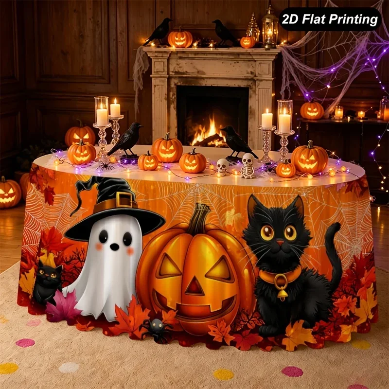 1pc Halloween table skirt, with ghost wizard hat and black cat with golden eyes. Suitable for Halloween.xzj