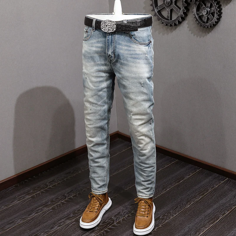 Fashion Designer Men Jeans Retro Light Blue Elastic Stretch Slim Ripped Jeans Men High Quality Vintage Casual Denim Pants Hombre