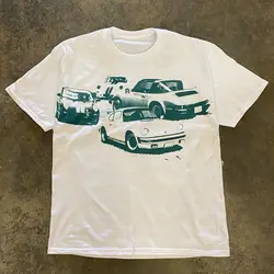 半袖tシャツ漫画の車のプリント、古典的なファッショントップ、白tシャツ、プラスサイズの服