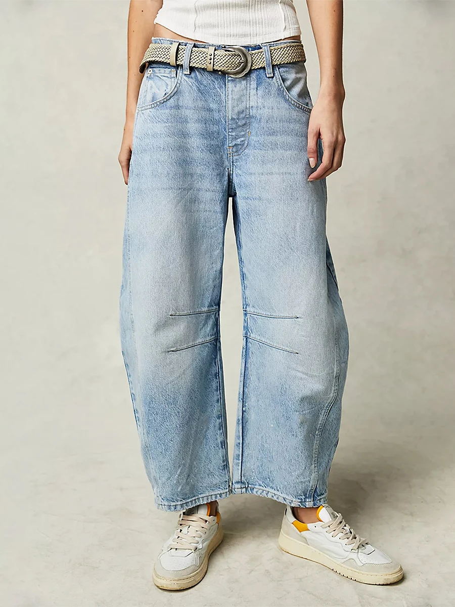 Women Loose Wide Leg Jeans Solid Color Mid-Rise Barrel Denim Pants Spring Fall Casual Trousers Streetwear Punk Trendy Long Pants