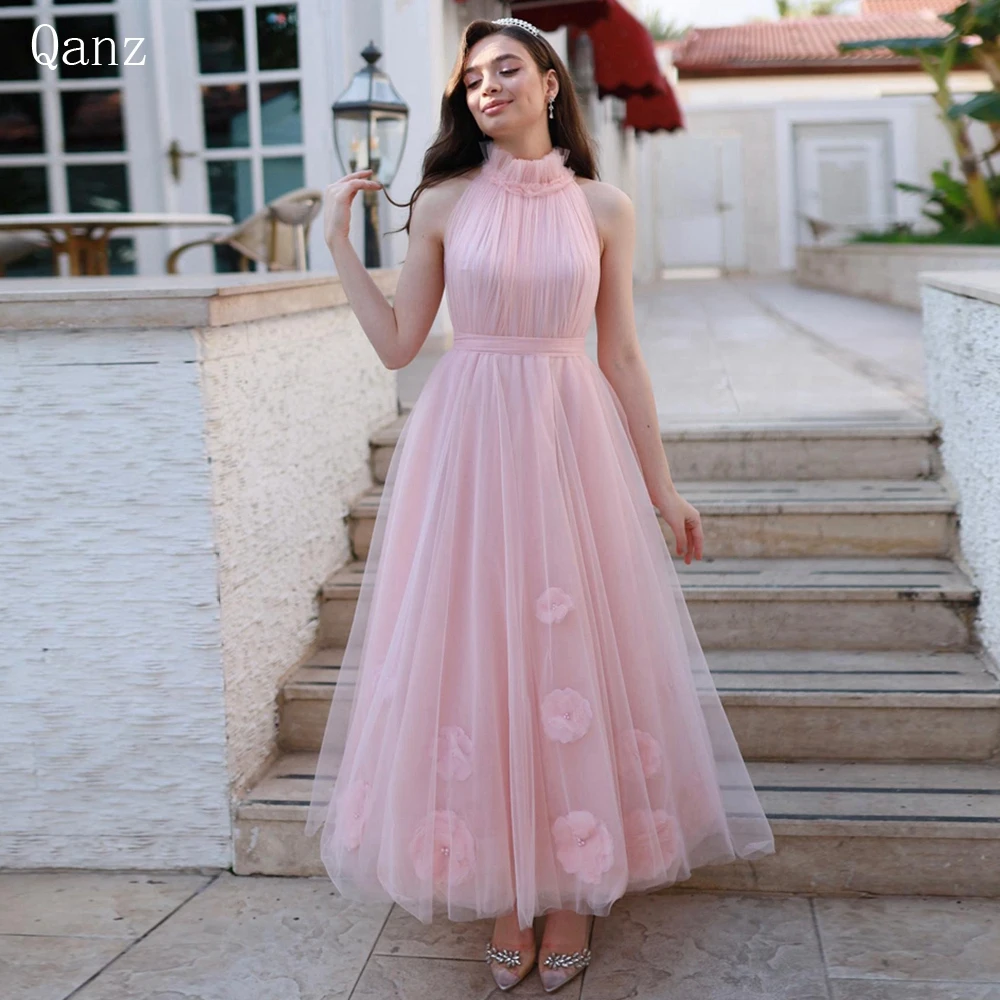 

Qanz High Neck Tulle A-line Prom Dresses Sleeveless Pink Pleat Formal Occasion Dresses 3D Flowers Lace-up Back Vestidos De Gala