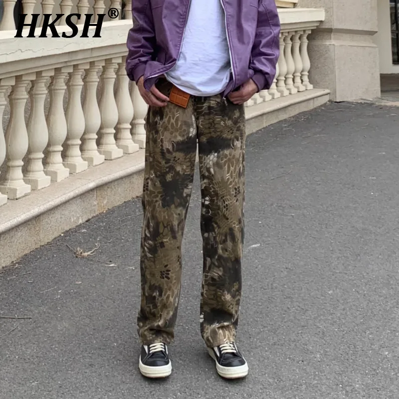 HKSH American Vintage High Street Retro Canvas Snake Pattern Camouflage Jeans Men's Chic Trend Distressed Straight Jeans HK0923