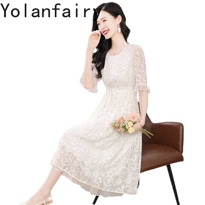 

YOLANFAIRY Одежда высшего качества из 100% натурального шелка тутового шелка, женские летние элегантные женские платья с вышивкой и завязкой на талии, Vestidos