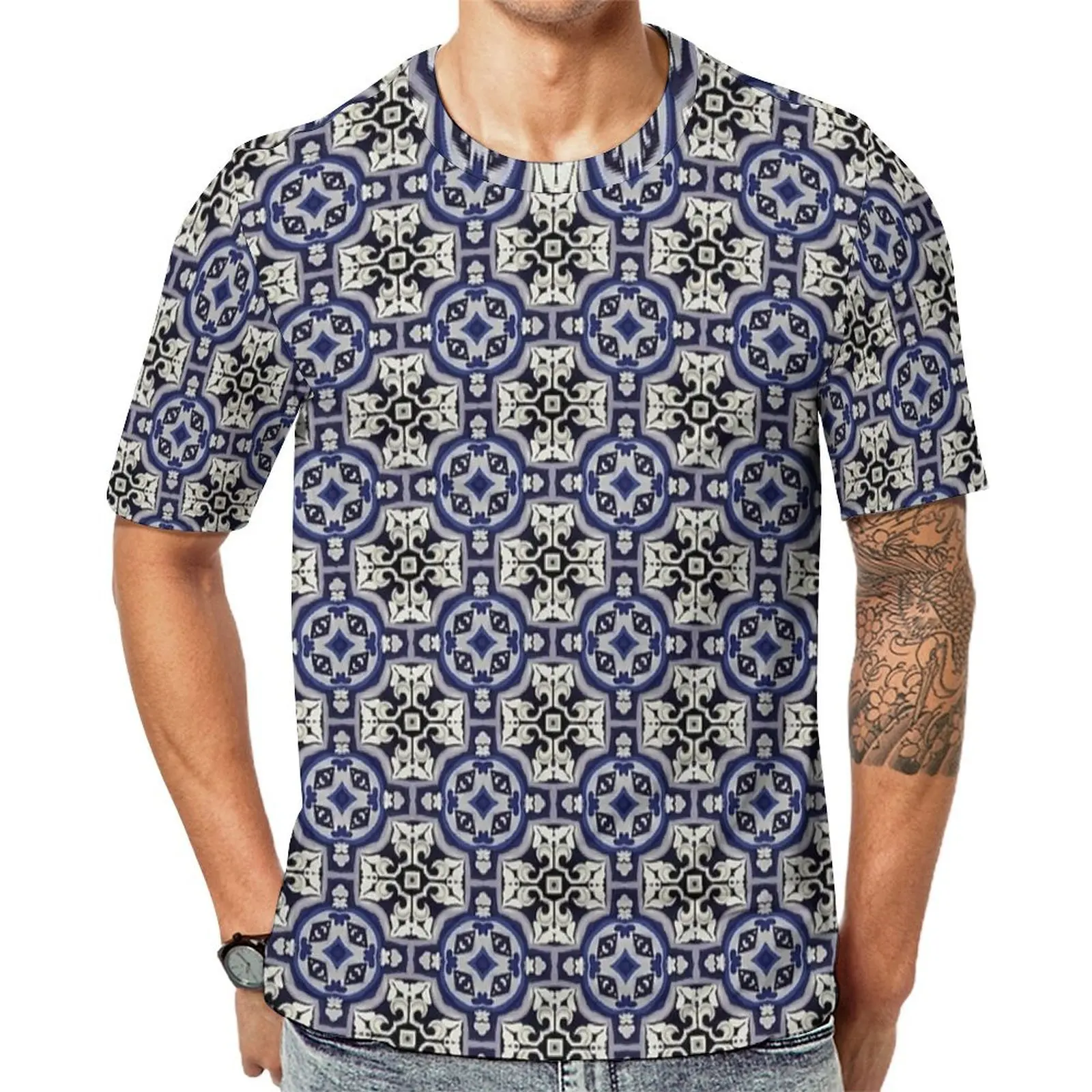 Original T Shirt Navy Majolica Tile Print T Shirts  Streetwear Fashion Tees For Men Short Sleeve Design Plus Size Clothing
