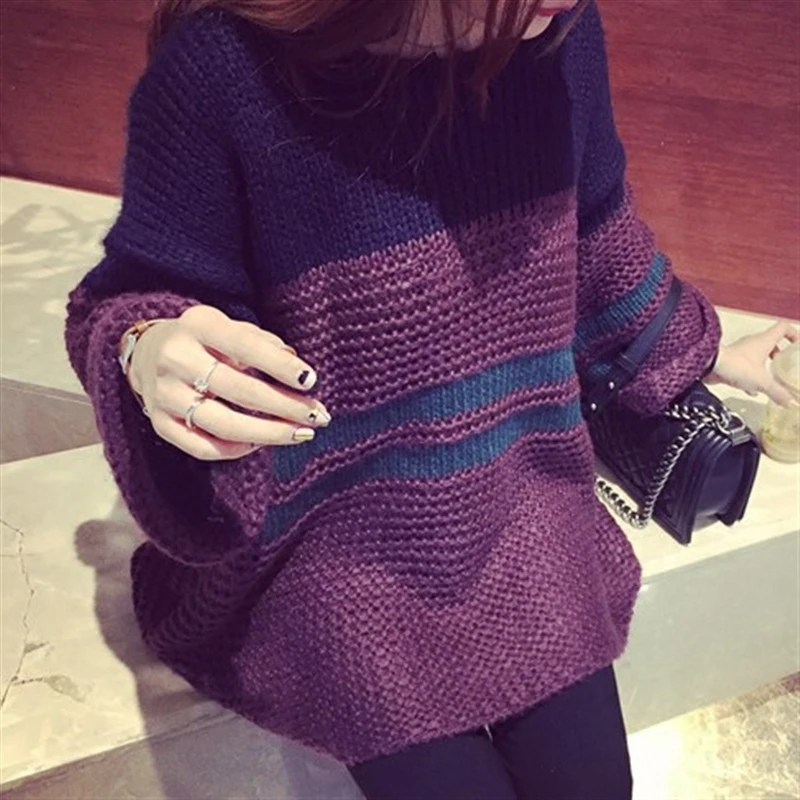 Korean Fashion Flare Sleeve Striped Sweaters For Female Autumn Winter Casual Trend Round Neck Knitted Pullovers Women\'s Clothing