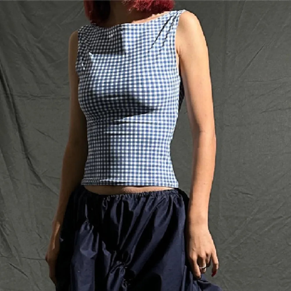 Trendy Dacron Checkered Bow Tank Top Blue Bow Strap Women's Suspender Tops Slim Fit Tank Top