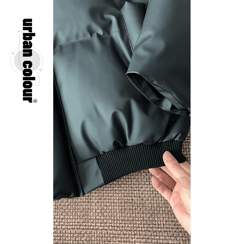 Retro American PU Leather Thiened Winter Coat for Men Windproof Cotton Bread Sle Jaet Loose Fit Hooded Outerwear