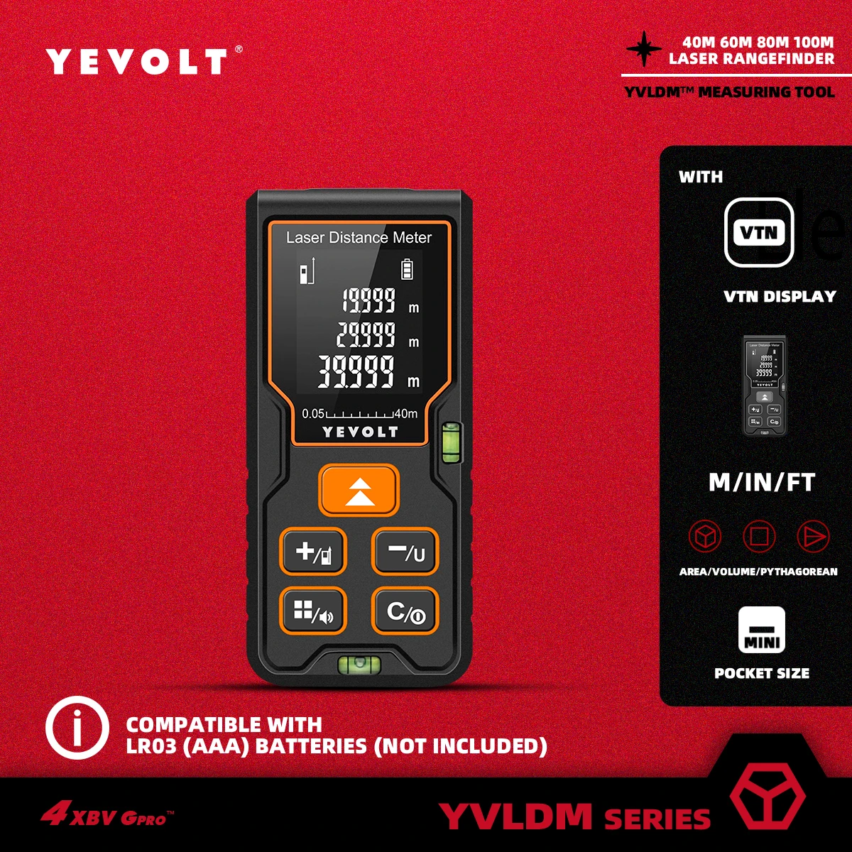 YEVOLT DK Series Laser Distance Meter 40/60/80/100M Rangefinder Digital Tape Measure Tools With Backlit Area/Volume/Pythagorean