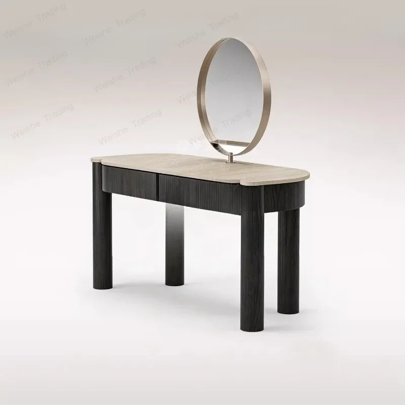 Modern simple natural marble dressing table with mirror with makeup stool bracket structure storage makeup table