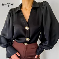 Wedifor-Blusa de satén con manga acampanada para mujer, camisa holgada de seda, color negro, elegante, informal, a la moda, para oficina, para Otoño e Invierno