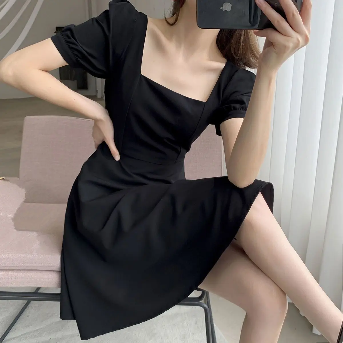 plus Size Hepburn Style Little Black Dress Women Summer Plump MM Retro Square Collar Bubble Sleeve Dress Slimming Long Dress