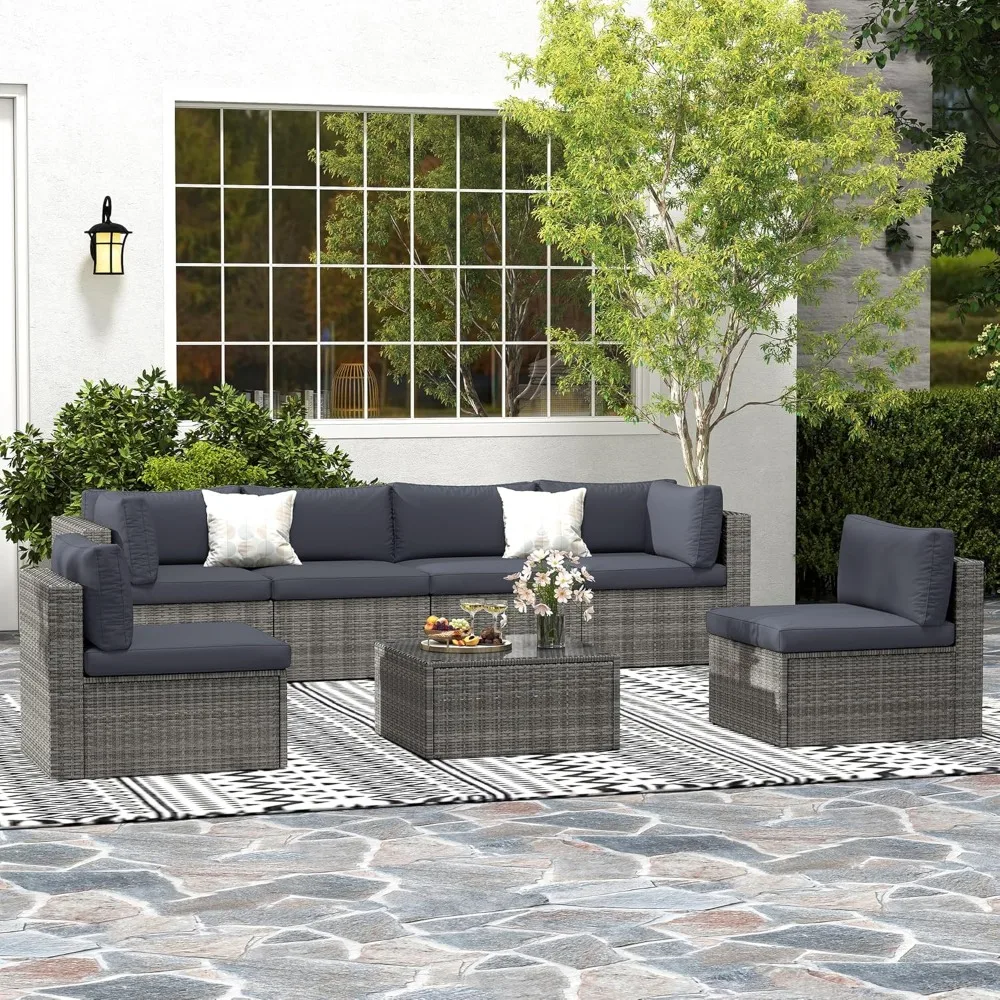 

7 Pieces Outdoor Patio Furniture Sets with Glass Tea Table, Wicker Patio Conversation Set with Washable Cushions, Outd