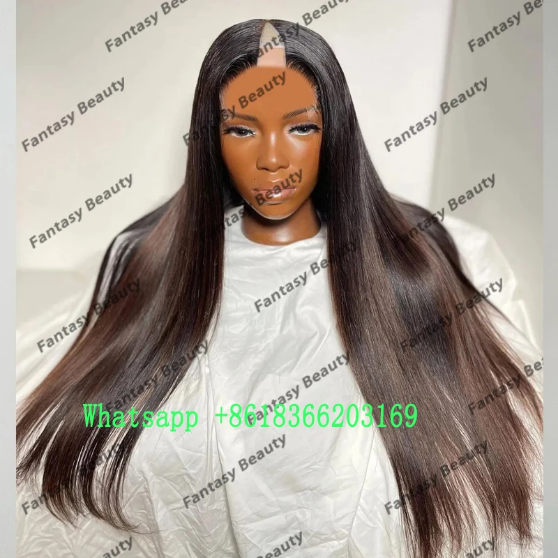 Super Long 30Inches Silky Straight Highlight Dark Brown Bayalage Remy Human Hair Adjustable V Part Wigs U Shaped Natural Wigs