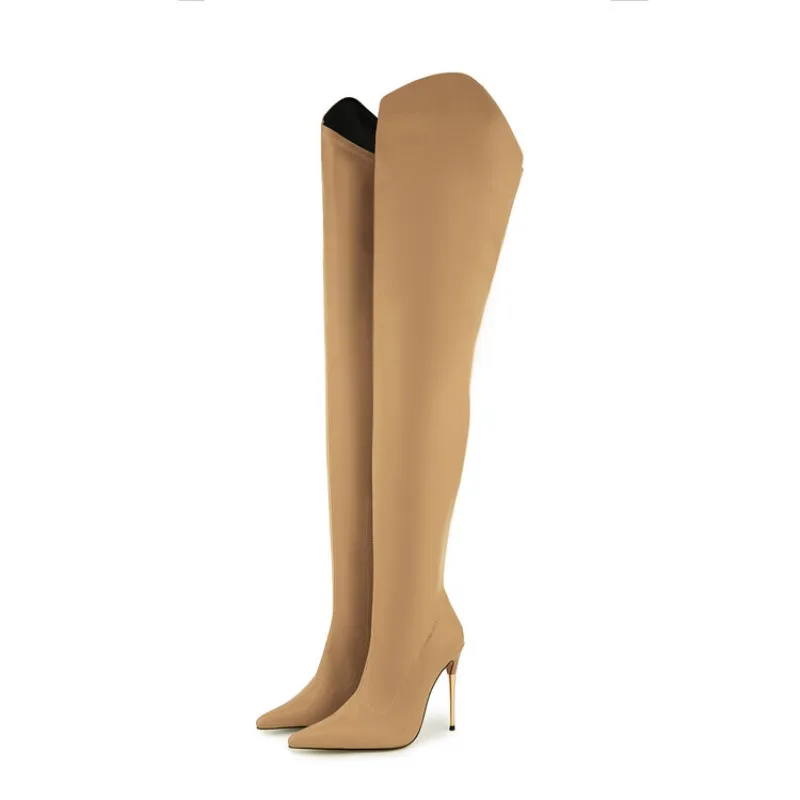 2024 New Pointed Candy Color Over Knee Length Boots 12cm Electroplated High Heel Thigh Boots 35-47 European American Women Boots